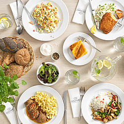 GOURMET Speisenvielfalt auf einem Tisch angerichtet und von oben fotografiert