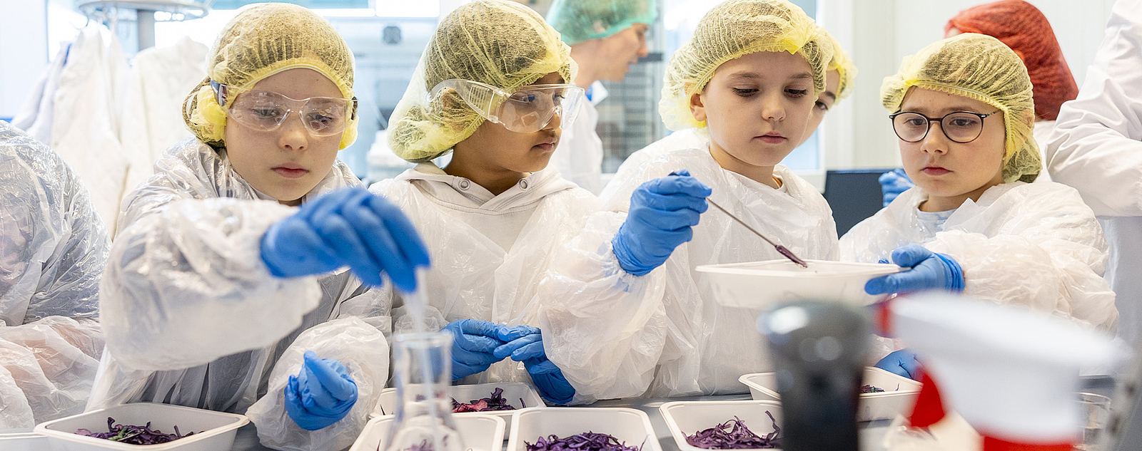 Mädchen im Labor der Qualitätssicherung untersuchen Lebensmittel