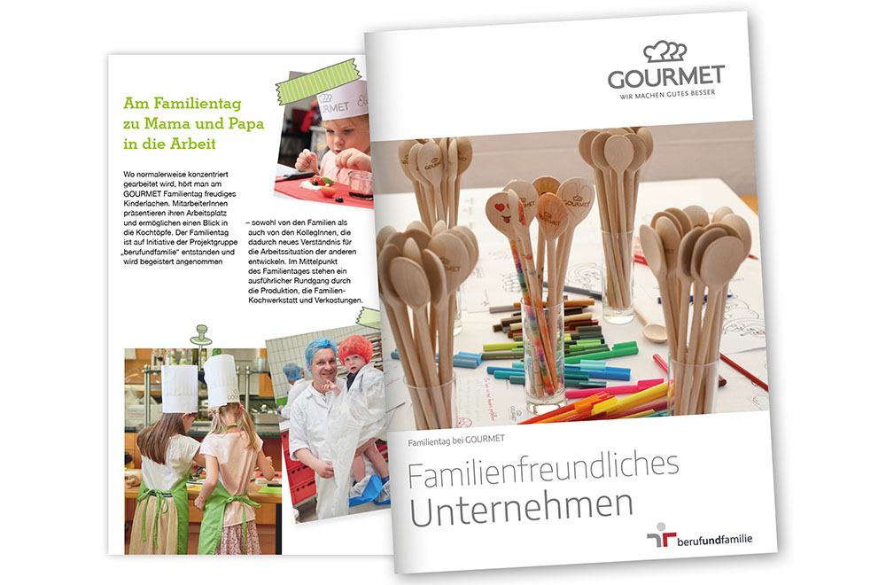 Im Folder „Familienfreundliches Unternehmen“ beschreibt GOURMET die Maßnahmen, die das Unternehmen als familienfreundlicher Arbeitgeber setzt. 