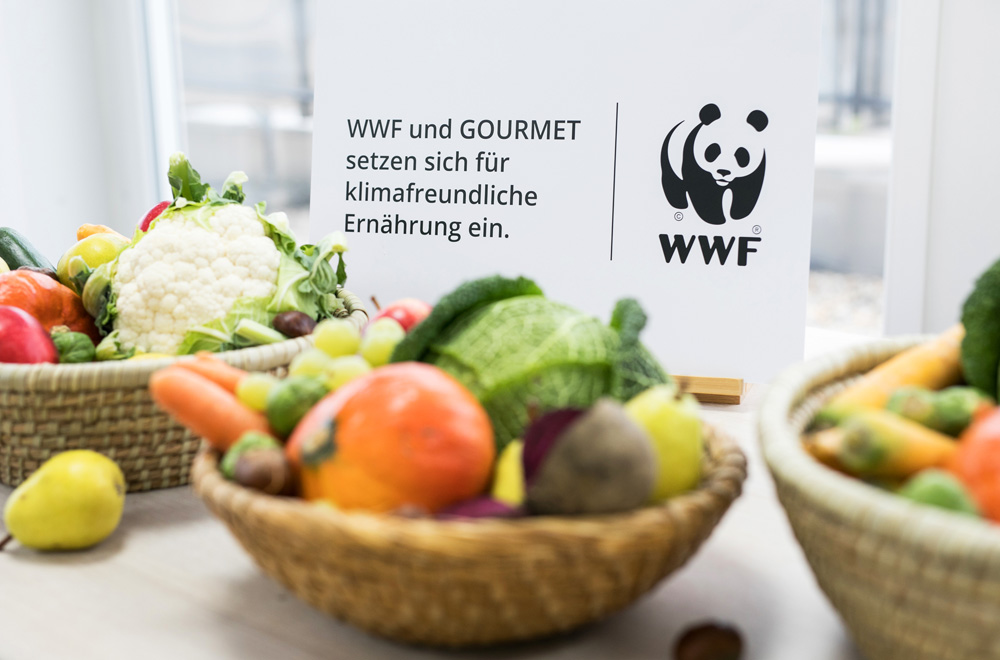 Herbstliches Gemüse und Partnerschaftslogo WWF und GOURMET auf einer Tafel